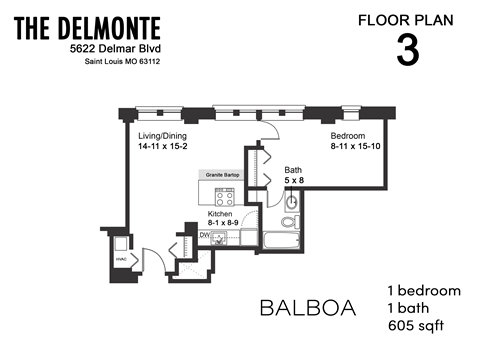 Floor plan for 1 bed, 1 bath, 605 sqft